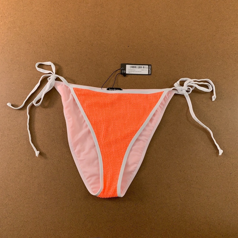 Boohoo Womens Size 8 Bright Coral Contrast Trim Side Tie Bikini Swim Bottom NWT